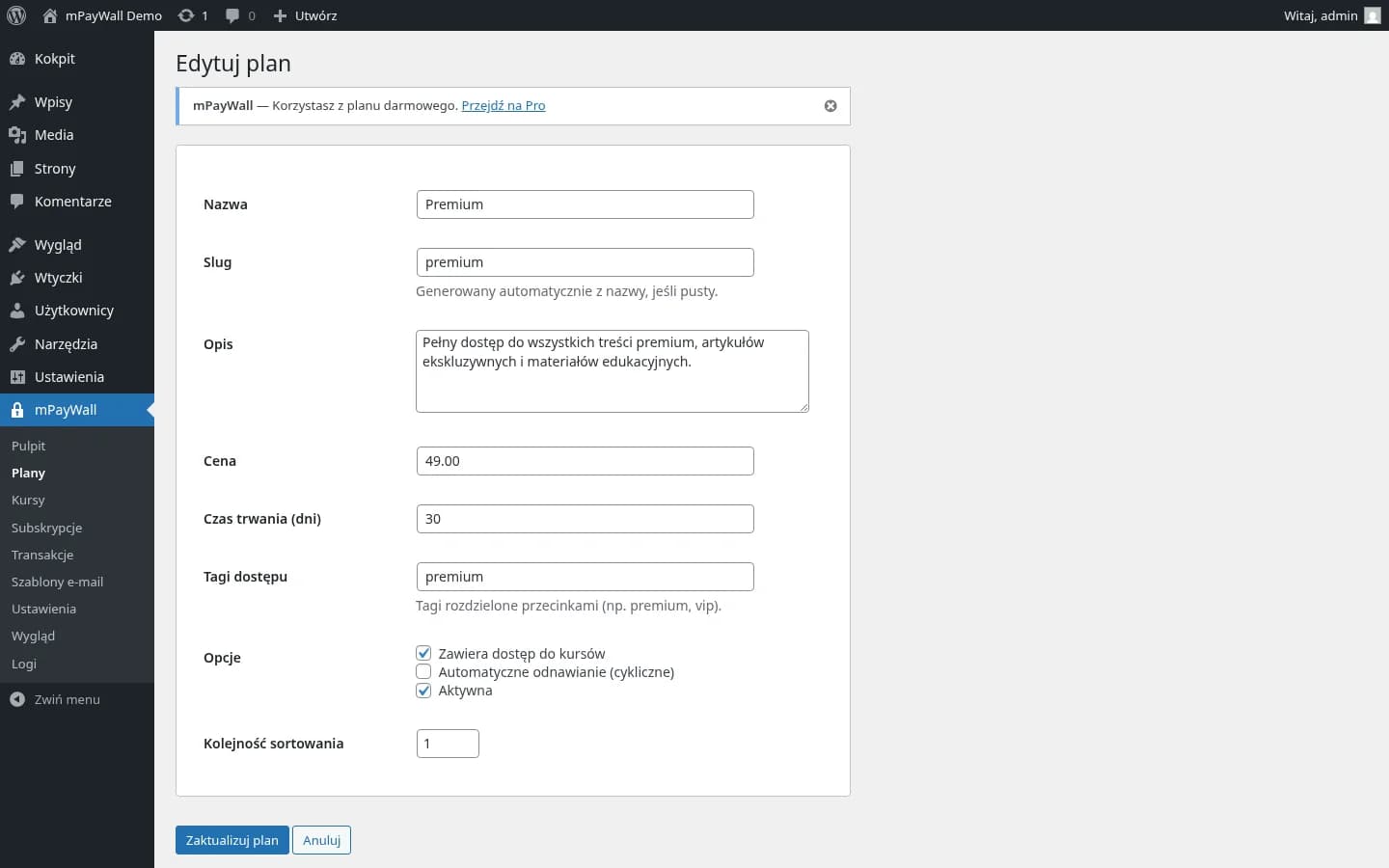 Formularz edycji planu subskrypcyjnego